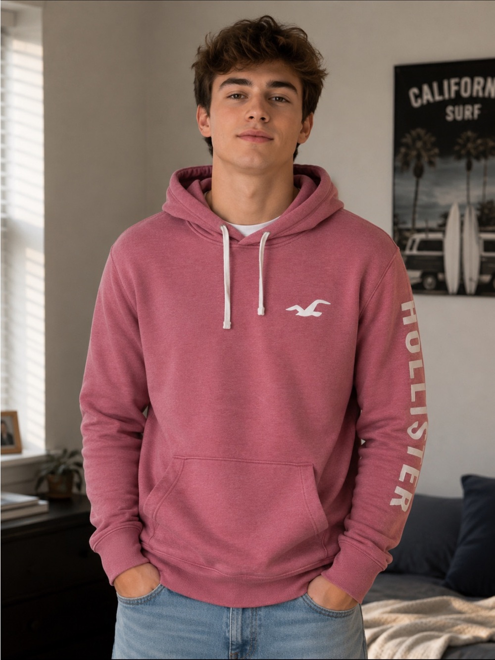 Hollister Pink Logo Hoodie Pullover Sweatshirt – Drawstring Hood Sleeve Logo